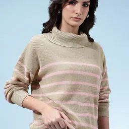 glitchez Self Striped Turtle Neck Oversized Acrylic Pullover-picture-11