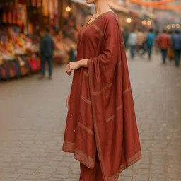 Lookmark Embroidered V-Neck Thread Work Cotton Silk Kurta With Trousers & Dupatta image 4