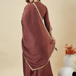 MOKOSH Women Ethnic Motifs Embroidered Thread Work Pure Silk Kurta & Palazzos With Dupatta image 5