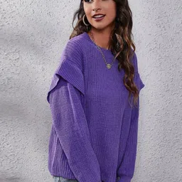 HERE&NOW Women Ribbed Round Neck Drop shoulder Sleeves Pullover Sweater image 3