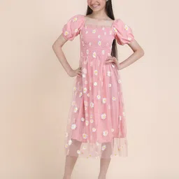 STARWORD Girls Floral Printed Puff Sleeves Smocked Fit & Flare Midi Dress-picture-4