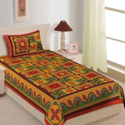 POORAK Yellow & Maroon Ethnic Motifs Pure Cotton 104 TC Single Bedsheet & 1 Pillow Cover-picture-0