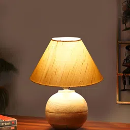 Devansh Beige & Brown Textured Wooden & Cotton Frusturical Shaped Table Lamp image 2