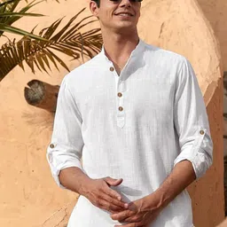 APEKTRA Mandarin Collar Roll-Up Sleeves Straight Short Kurta-picture-11