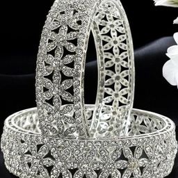 T4 JEWELS Women Set Of 2 Silver Plated Kundan Studded Bangles-picture-2