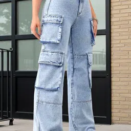 ROBECULT COLLECTION Women Comfort Wide Leg Mid-Rise Acid Wash Stretchable Cargo Jeans image 2