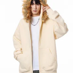 HERE&NOW Men Solid Hooded Front-Open Sweatshirt image 5