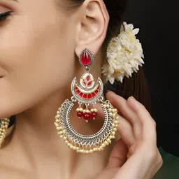 VIVAZS Silver-Plated Oxidised Stones Studded & Pearls Beaded Crescent Shaped Chandbalis-image-50