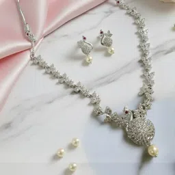 Opal Touch Rhodium Plated Cubic Zirconia Studded & Beaded Peacock Design Jewellery Set-picture-38