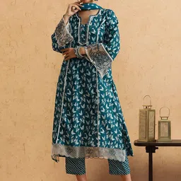 STYLEBAAZI Floral Printed Mirror Work A-Line Pure Cotton Kurta With Trousers And Dupatta-picture-38