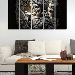 RANDOM Vinyl Grey & Black 5 Piece Radha Krishna Religious Canvas Wall Paintings image 2