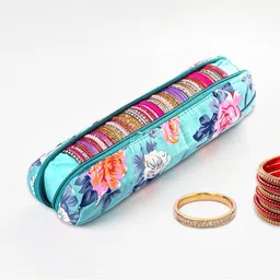 Aura Green & Pink Printed Cotton Single Rod Bangle Organiser Zip Closure-picture-40