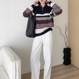 Mast & Harbour Women Striped Pullover with Zip Detail Detail-picture-36