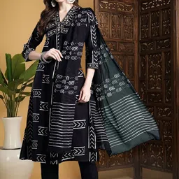 Indo Era Women Printed Empire Thread Work Pure Cotton Kurta with Trousers & With Dupatta-picture-27