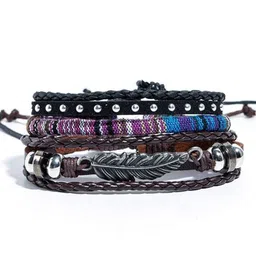 VIEN Men Set Of 4 Leather Wraparound Bohemian Bracelet image 3