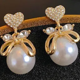 SAIFOO Korean Artificial Stones Studded and Beaded Heart Shaped Studs image 4