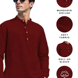 EdinWolf Men Solid Mandarin Collar Roll Up Sleeves Above Knee Kurta image 3