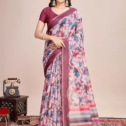 VARNI FABRICS Floral Pure Linen Ikat Saree With Blouse Piece image 2