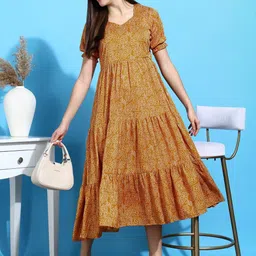 Moda Rapido Women Mustard Printed Polyester PU Coated Fit and Flare Dresses-picture-32