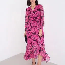 Styli Women Floral Printed Puff Sleeves Tie-Ups A-Line Maxi Dress-image-41