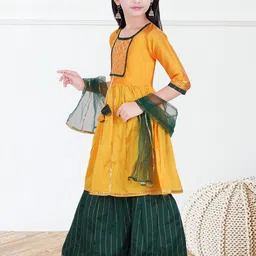 AM Creation Girls Striped Yoke Design Round Neck Anarkali Kurta With Sharara & Dupatta image 2