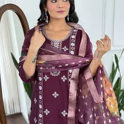 BAESD Women Ethnic Motifs Embroidered Regular Kurta with Trousers & Dupatta image 5