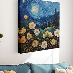 Myntra Elegant Homes Blue & Green Canvas Moon & Flowers Wall Art-image-64