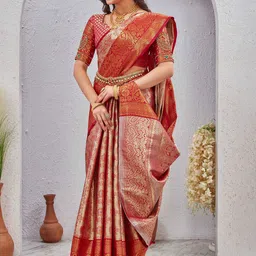 Tankori Floral Aari Work Silk Blend Fusion Dharmavaram Saree image 3