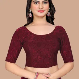 SHREEJI DESIGNER Woven Design Velvet Round Neck Short Sleeves Saree Blouse-picture-34