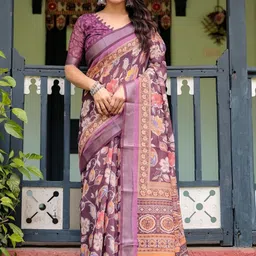 ALMAARI FASHION Floral Sophisticated Digital Printed Pure Linen Banarasi Saree-picture-34