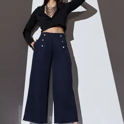 Globus Women Navy Mid-Rise Solid Button Detail Wide Leg Trouser-picture-28