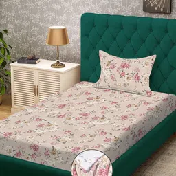 KLOTTHE Beige Floral 300 TC Single Bedsheet with 1 Pillow Covers-picture-15