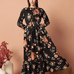 Krunal Raiyani Women Floral Printed Tie-Up Neck Fit And Flare Maxi Dresses-picture-35