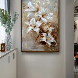 Artsense White & Gold Toned Floral Canvas Painting Wall Art-image-4
