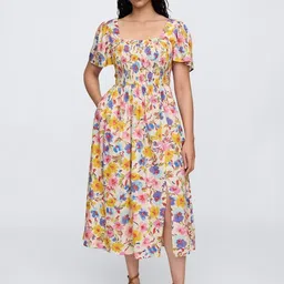 GAP Women Floral Printed Smocked Fit & Flare Midi Dress With Slit image 2