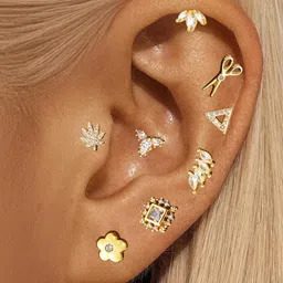 Goldnera Brass-Plated Cubic Zirconia Studded Leaf Shaped Korean Stud image 4