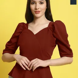 Metronaut Women Pack Of 2 Solid Sweetheart Neck Puff Sleeves Peplum Top-picture-33
