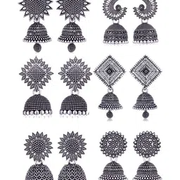 Sangria Set Of 6 Silver Plated Oxidized Jhumka Earrings-image-96