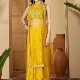 Sangria Embroidered Zari Sequinned Top With Pleated Dhoti & Shrug Co-Ords Set-image-72
