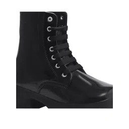 Shoetopia Women Black High Top Round Toe Lace Up Synthetic Patent Block Heeled Boots image 2