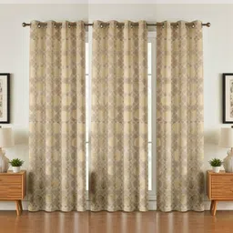 GEET CREATIONS Cream-Coloured & Gold-Toned Set of 3 Floral Room Darkening Long Door Curtain-image-46