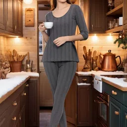 TRENDY RABBIT Women Round Neck Striped Thermal Set-image-55