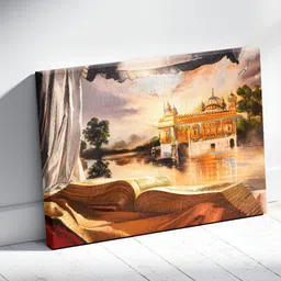 Tushaco Handicrafts Green & Off White Golden Temple Printed Religious Canvas Wall Art image 5