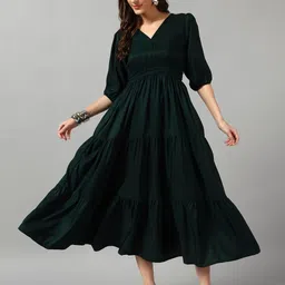 Raiyani Fashion Women Solid Puff Sleeve Smocked Tiered V-Neck Fit and Flare Midi Dress-picture-33