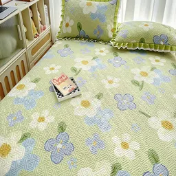 JC HOME Green & White Printed Cotton Double King Bed & Pillow Cover image 2