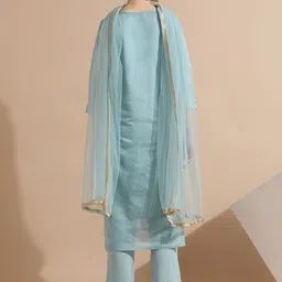 Jaipur Kurti Ethnic Motifs Embroidered Chanderi Silk Kurta With Trousers & Dupatta image 5