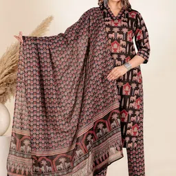 Aramya Abstract Printed Pure Cotton Straight Kurta With Trousers & Dupatta-image-2