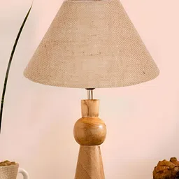 Devansh Beige & Brown Frustum Shaped Wooden Table Lamp image 2