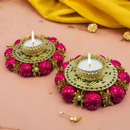 GADINFASHION Gold-Toned & Pink 2 Pieces Tealight Candle Metal Holder-picture-22