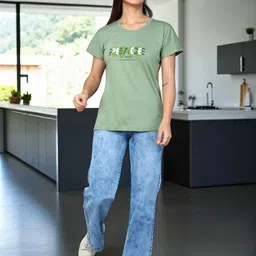 DressBerry Women Green Round Neck Typography Printed Cotton T-shirt-image-95